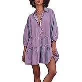Zontroldy Women's Oversized Casual Collared Babydoll Mini Dresses Puff Sleeve A-line Tiered Shirt Tunic Dress