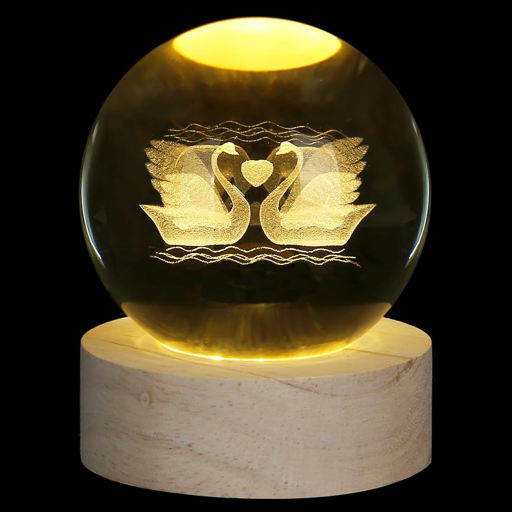 XIANNVXI 3D Double Swan Crystal Ball Paperweight with Light Base