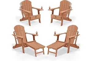 VINGLI Back-Adjustable Plastic Folding Adirondack Chairs Set of 4 with Retractable Footrest & 2-in-1 Cup Holders, Waterproof HDPE Outdoor Fire Pit Chairs for Patio, Pool, Capacity 400 LBS, Teak