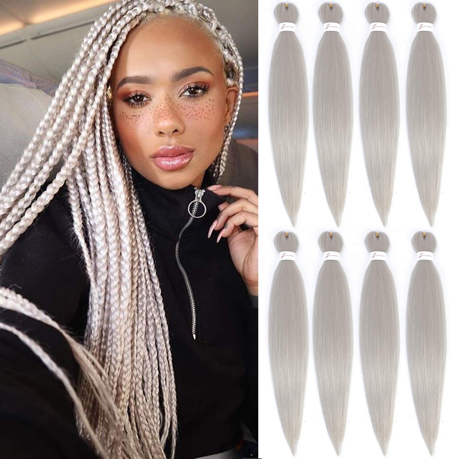 Originea 8 Packs Pre Stretched Braiding Hair 26 inch Yaki Texture EZ Braids Extensions Hair for Braiding Hot Water Setting Synthetic Hair Extensions (#Silver)