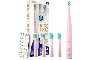 SEAGO Kids Electric Toothbrush, Sonic Soft Bristle Rechargeable Toothbrushes with DIY Stickers, 5 Modes, Includes 4 Replacement Brush Heads, Ages 3 to 12 Years Old (Pink)