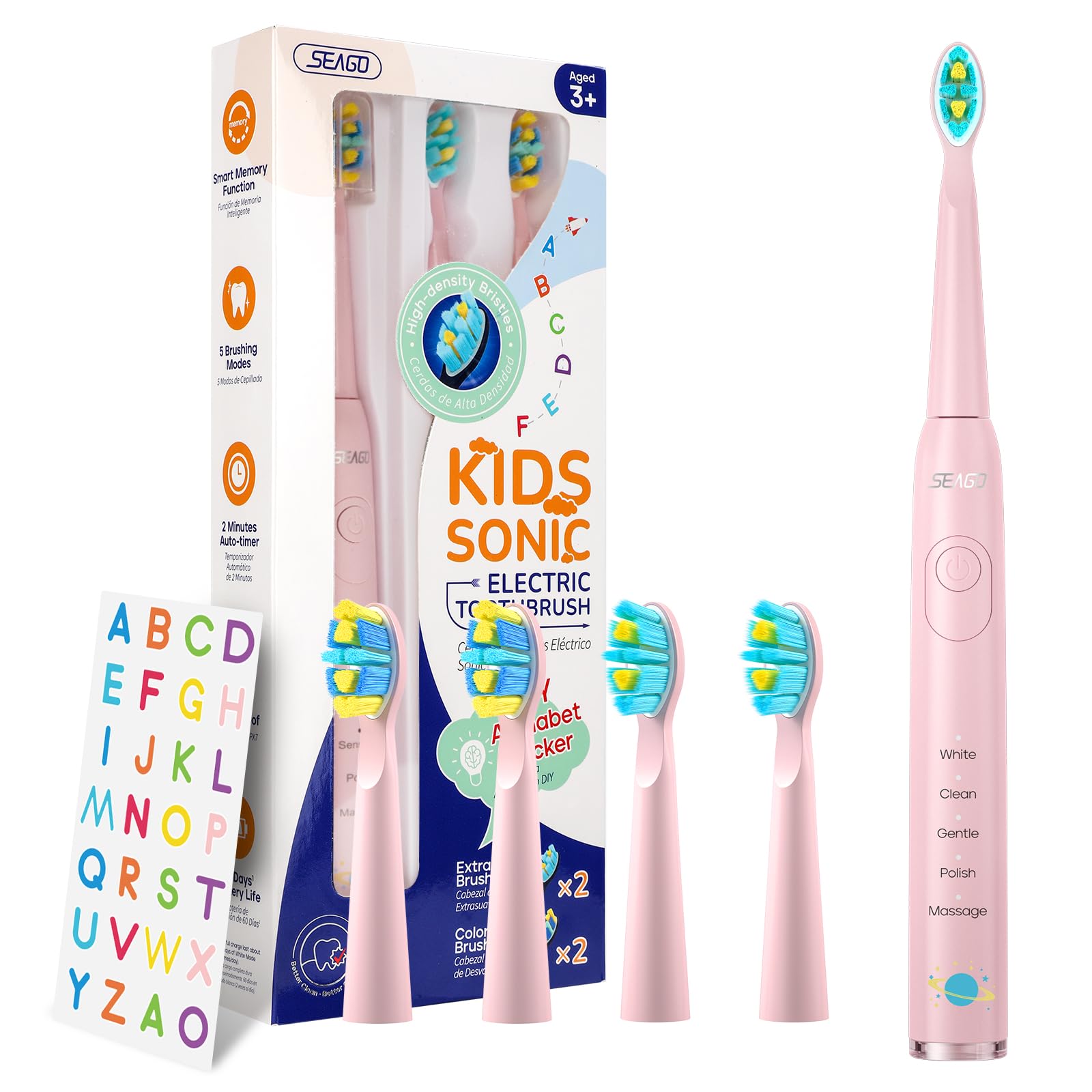 SEAGO Kids Electric Toothbrush, Sonic Soft Bristle Rechargeable Toothbrushes with DIY Stickers, 5 Modes, Includes 4 Replacement Brush Heads, Ages 3 to 12 Years Old (Pink)