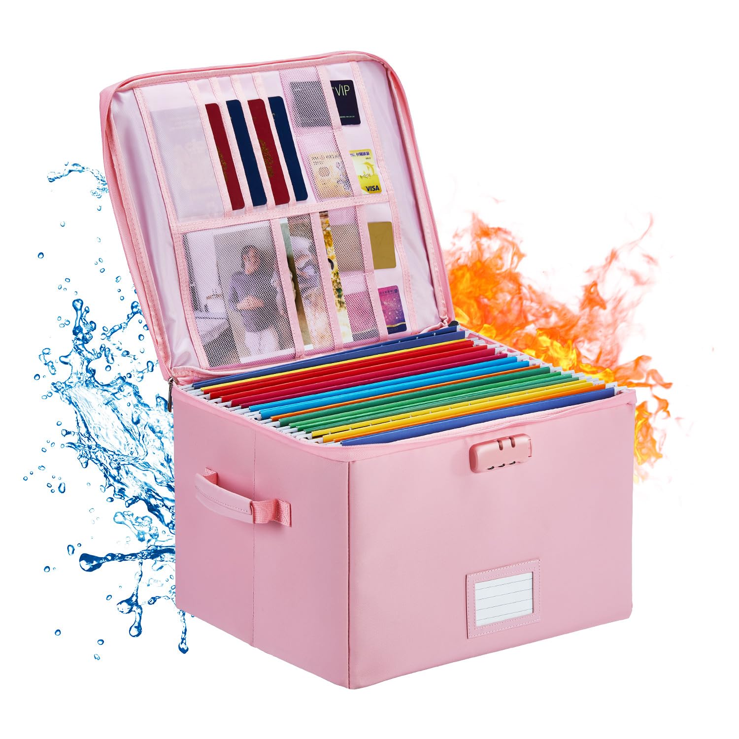 Fireproof Document Box, Fireproof File Box with Lock, Collapsible File Storage Box with Zippers and Inserts Bag, Portable Home Office Safe Box for Letter/Legal Folder Pink(Not include Dividers)