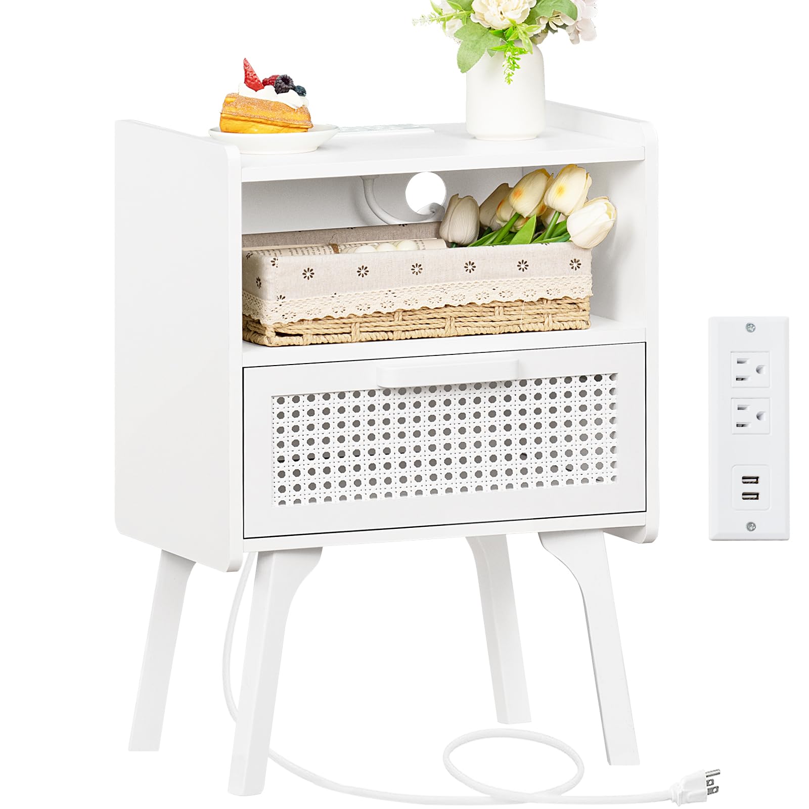 Lerliuo Rattan Nightstand with Charging