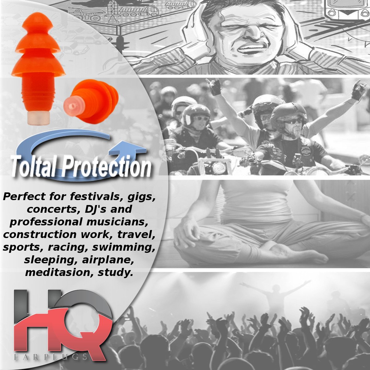 Soft Silicone Ear Plugs with Filter- Noise Cancelling & Hearing Protection By HQ Earplugs - NRR 25 to 29db – Water Block Ends – One Size Fits All (Orange)