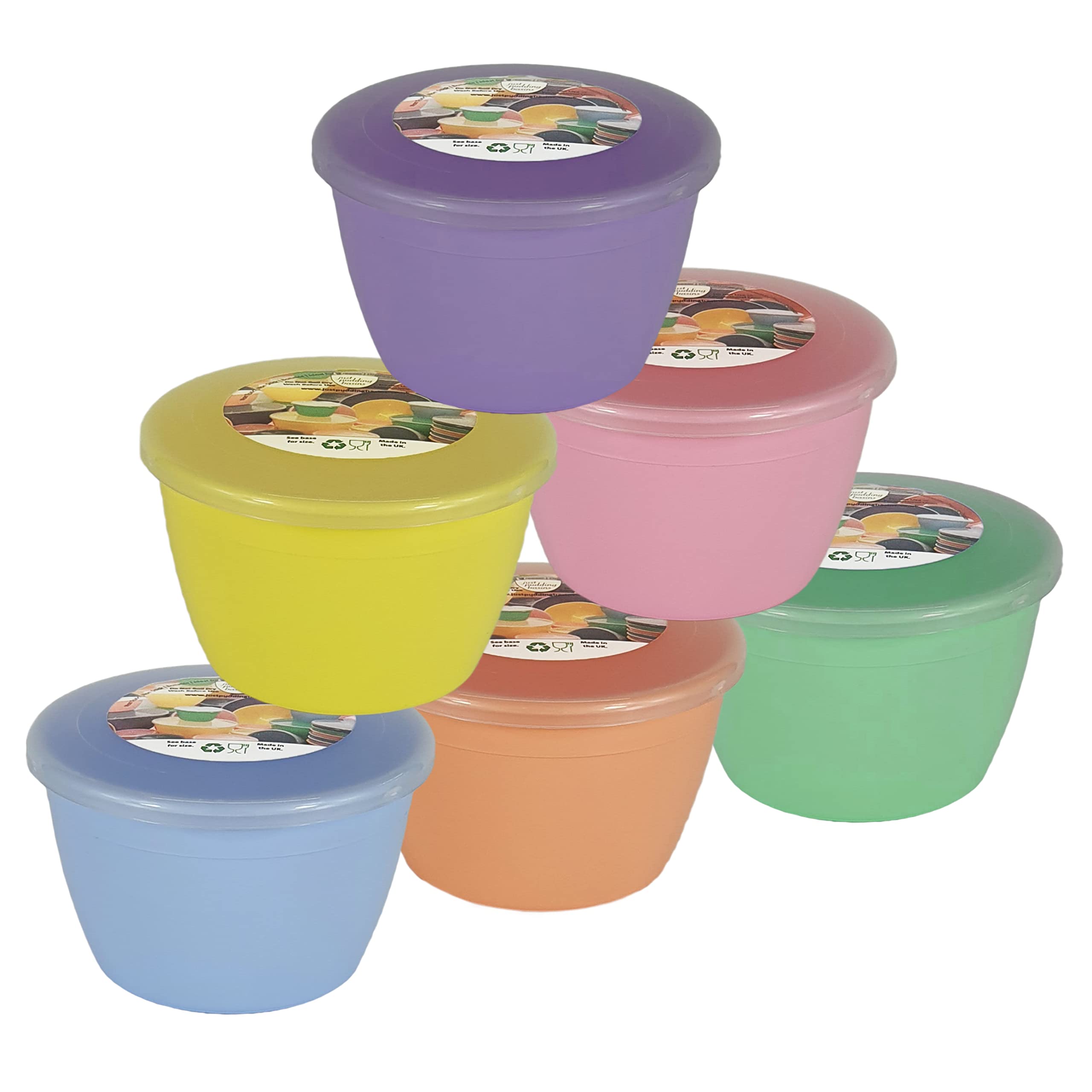 Just Pudding Basins Pastel Colours 1/2 Pint 0.5pt Basin and Clear Lid Pack of 6 Plastic Steaming Bowls 1 of Each Colour (Rainbow)
