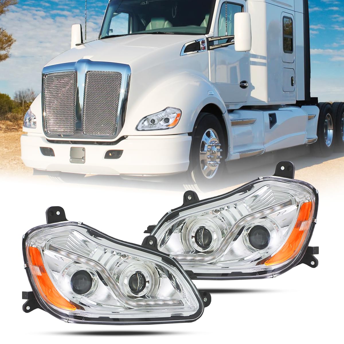 Photo 1 of Sterlix Pair Headlights Assembly for Kenworth T680 2013-2021 LED Projector Headlamps Replacement Left Driver and Right Passenger Chrome