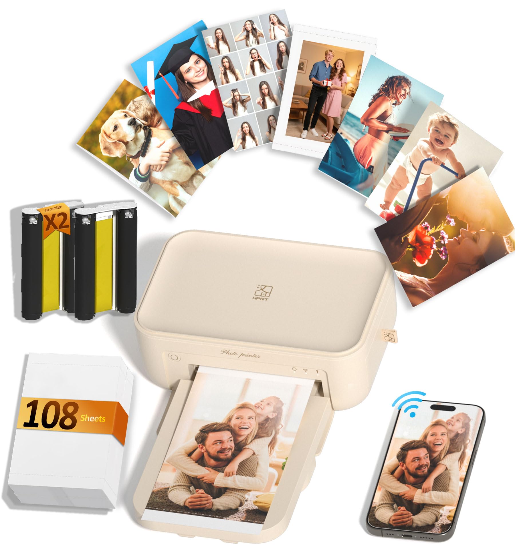 Photo 1 of HPRT CP4100 4x6 Photo Printer with 108 Sheets & 2 Ribbons, Full-Color Thermal Dye Sublimation Wi-Fi Printing, Portable Instant Picture Printer for iPhone/Android, AR Video, Fun App, Home Use, Beige