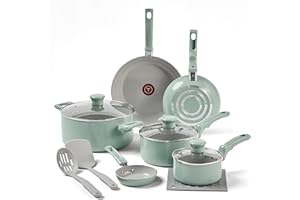 T-fal Refresh Ceramic, Ceramic Non Stick Cookware Set 12 Piece, Oven Broiler Safe 350F, Cookware, Kitchen Cooking Set w/Fry Pans, Saucepans & Kitchen Utensils, Pots and Pans Set Non Stick, Mint Green