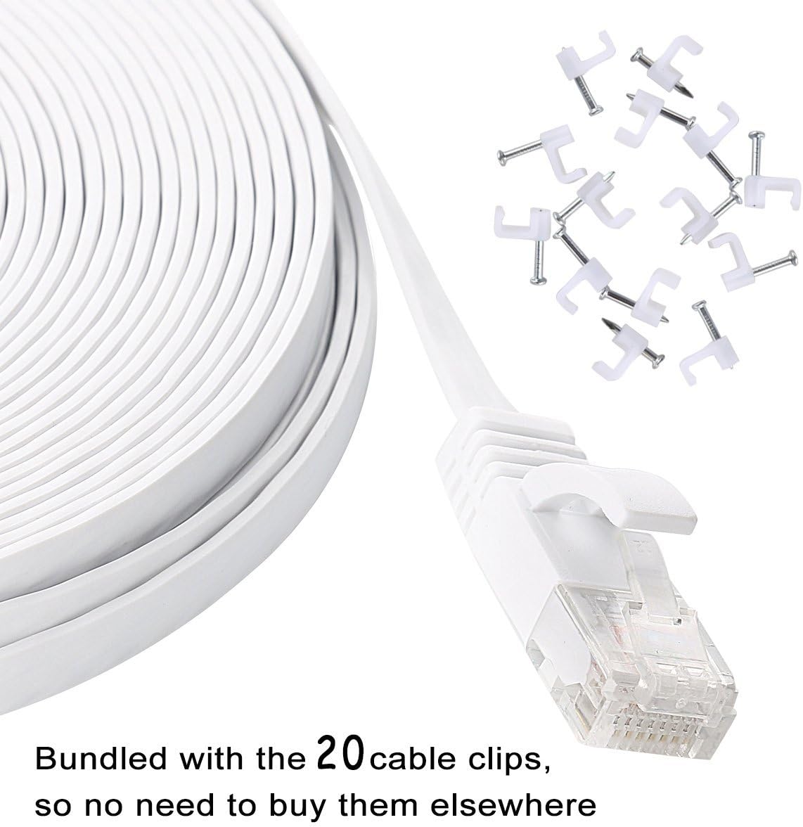 Cat 6 Ethernet Cable 75 ft Flat with Clips, Durable Long Internet Network LAN Patch Cords, Solid Cat6 High Speed Computer wire with RJ45 Connectors for Router, Modem, PS, Faster Than CAT5E/Cat5, White: Computers & Accessories
