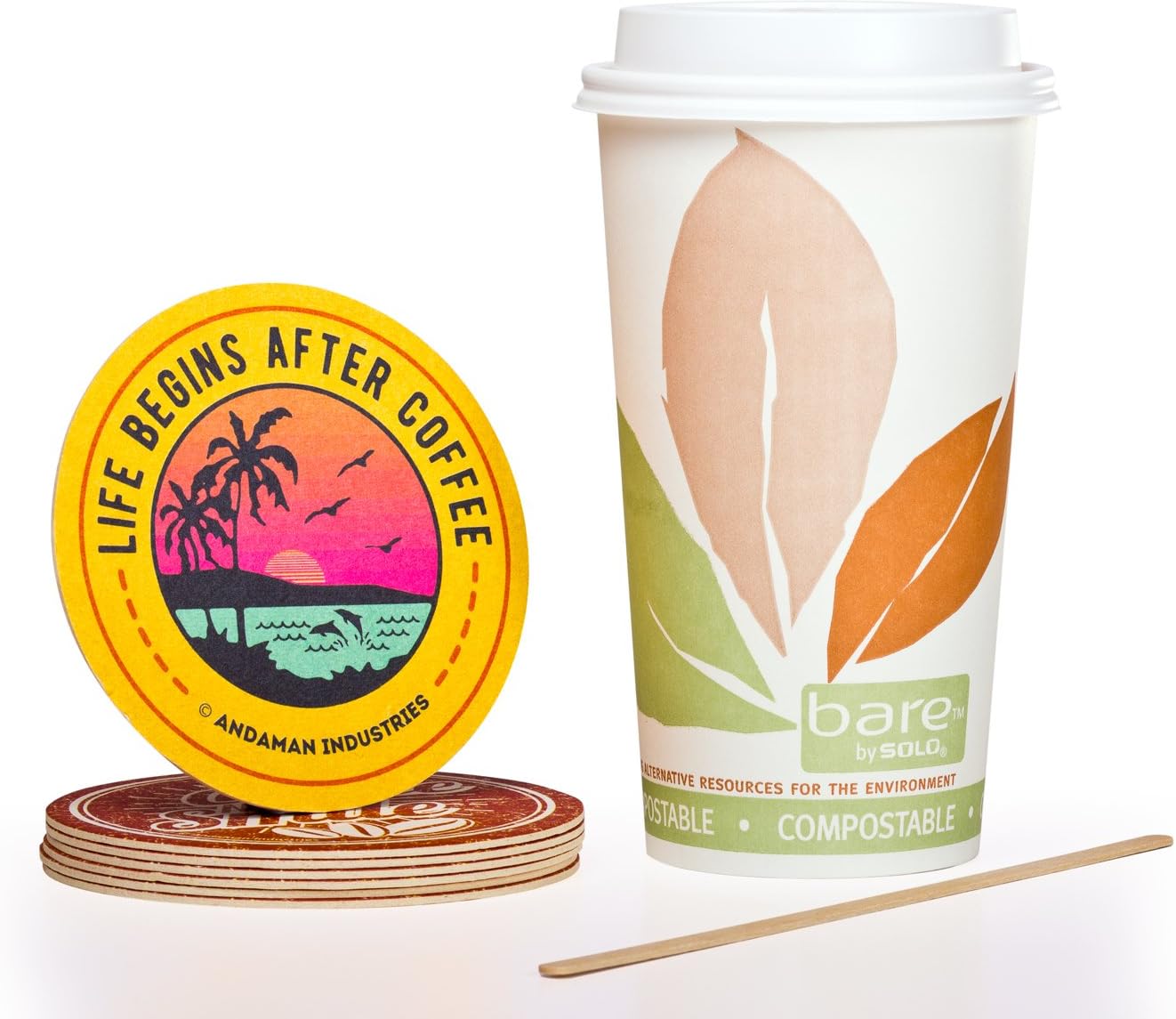 Solo Bare 10 oz Compostable Eco-Friendly Hot Paper Coffee Cup Bundle (Set of 100 Cups) - Cup, Lid, Stir Stick, and Coaster by Andaman