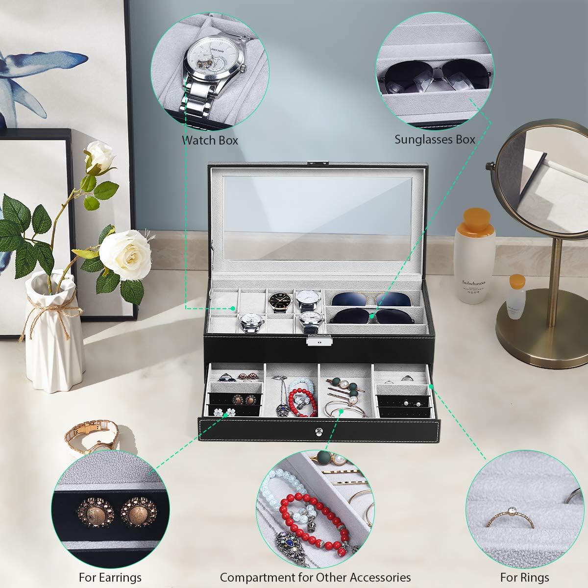 TomCare Upgraded Watch Box Watch Case Jewelry Organizer Holder Jewelry Display Box Case Drawer Sunglasses Storage Earrings Storage Organizer Lockable with Glass Top and PU Leather for Men Women, Black: Home & Kitchen