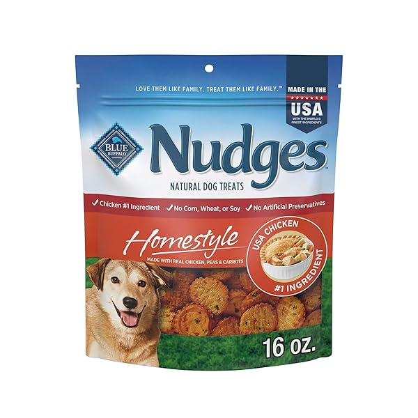 BLUE BUFFALO NUDGES HOMESTYLE NATURAL DOG TREATS, MADE IN THE USA WITH REAL CHICKEN, PEAS, AND CARROTS, 16-OZ. BAG