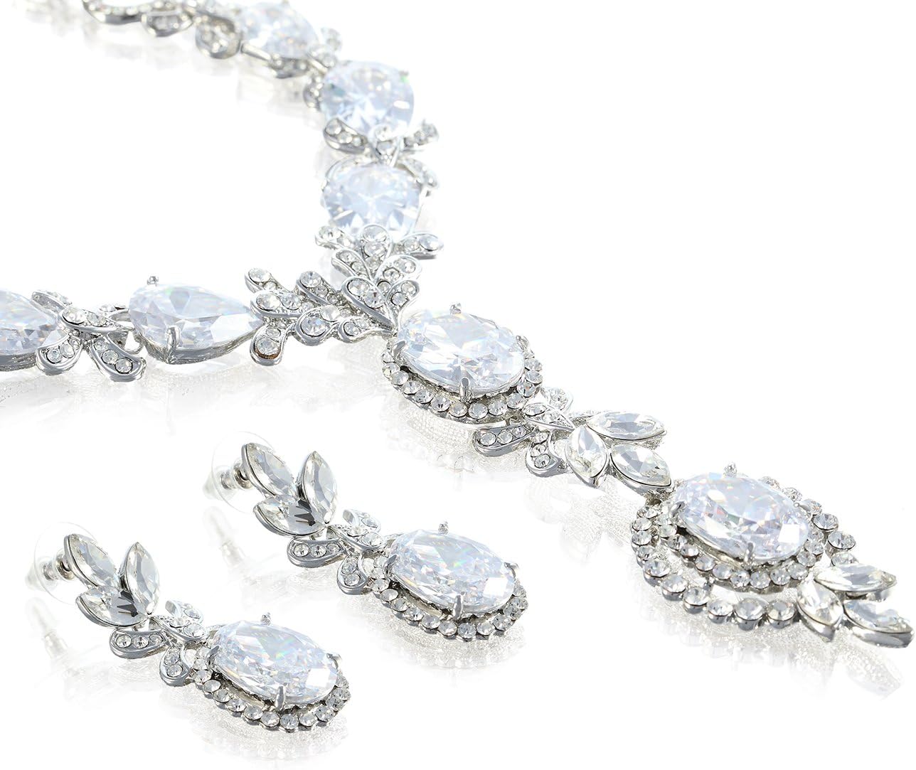 Crown Jewels Victorian Jewellery Necklace & Earrings with Large Pear Drops in a Symmetrical Decorative Setting. Stunning Bridal Decoration, For Cocktail & Evening Wear, 3 Colours: Royal Emerald Green on 14k Gold, Topaz on 14k Gold & Clear on Silver Rhodium.