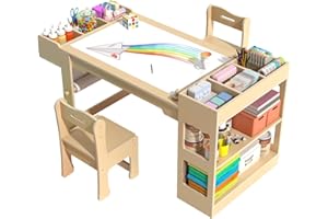 KIDSBUDDY Kids Art Table and Chair Set, Kids Craft Table with Storage, Toddler Activity Play Desk with 2 Chairs, Wood Art Craft Play Desk with Paper Roll for Writing, Drawing, Learning and Reading