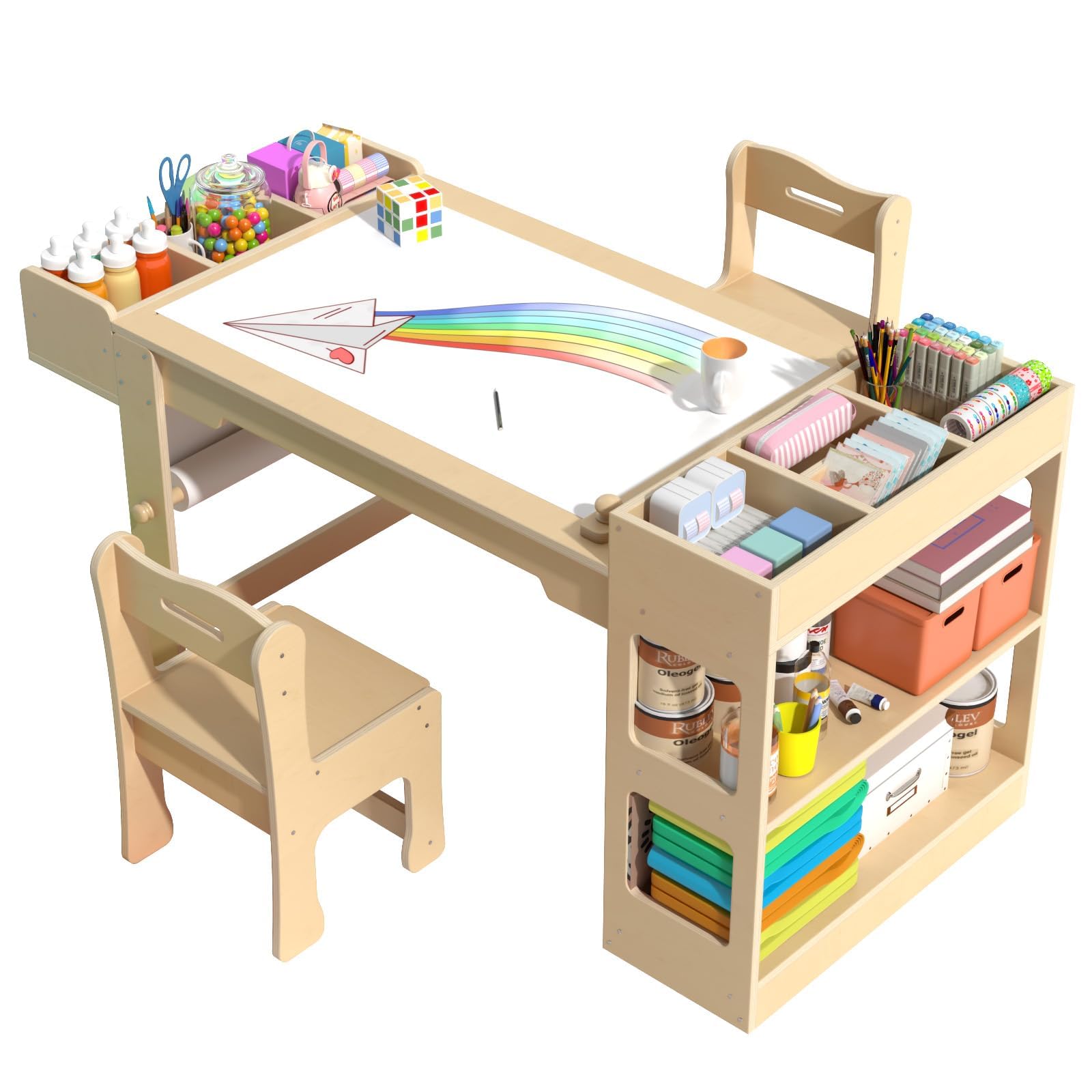 Photo 1 of ***MISSING HARDWARE***Kids Art Table and Chair Set, Kids Craft Table with Storage, Toddler Activity Play Desk with 2 Chairs, Wood Art Craft Play Desk with Paper Roll for Writing, Drawing, Learning and Reading