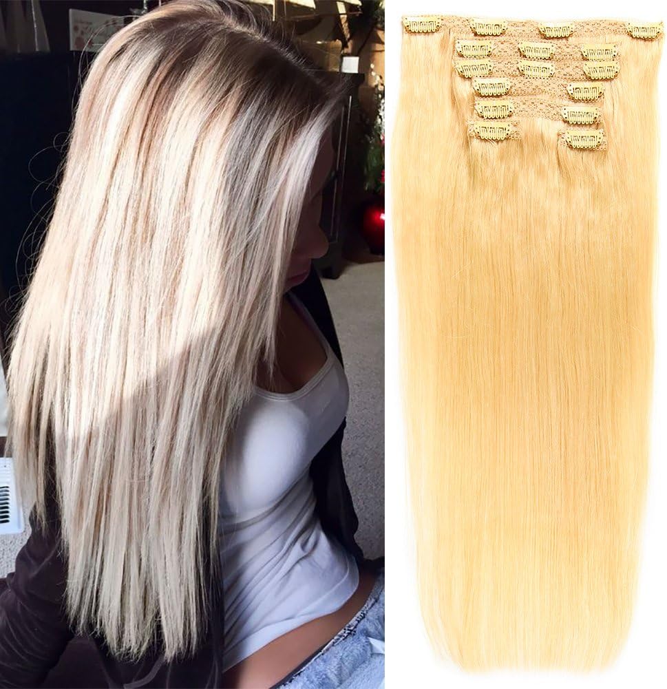 Cateray Hair Extension Clip In Human 14”- 20” 80 Grams/2.82oz 7 Pieces 16 Clips Remy Clip In Human Hair Extensions Blonde 613#. (14inch)