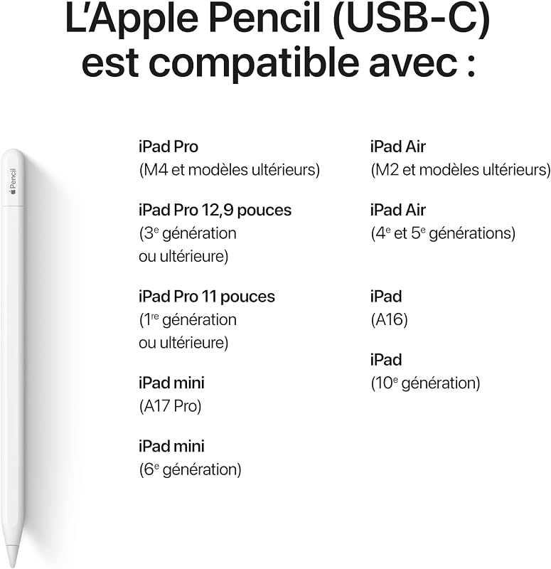 Pencil (USB-C) : Précision au Pixel près, sensibilité à l’Inclinaison et à la Pression et Faible Latence de Pointe pour la Prise de Notes, Le Dessin et la Signature de Documents