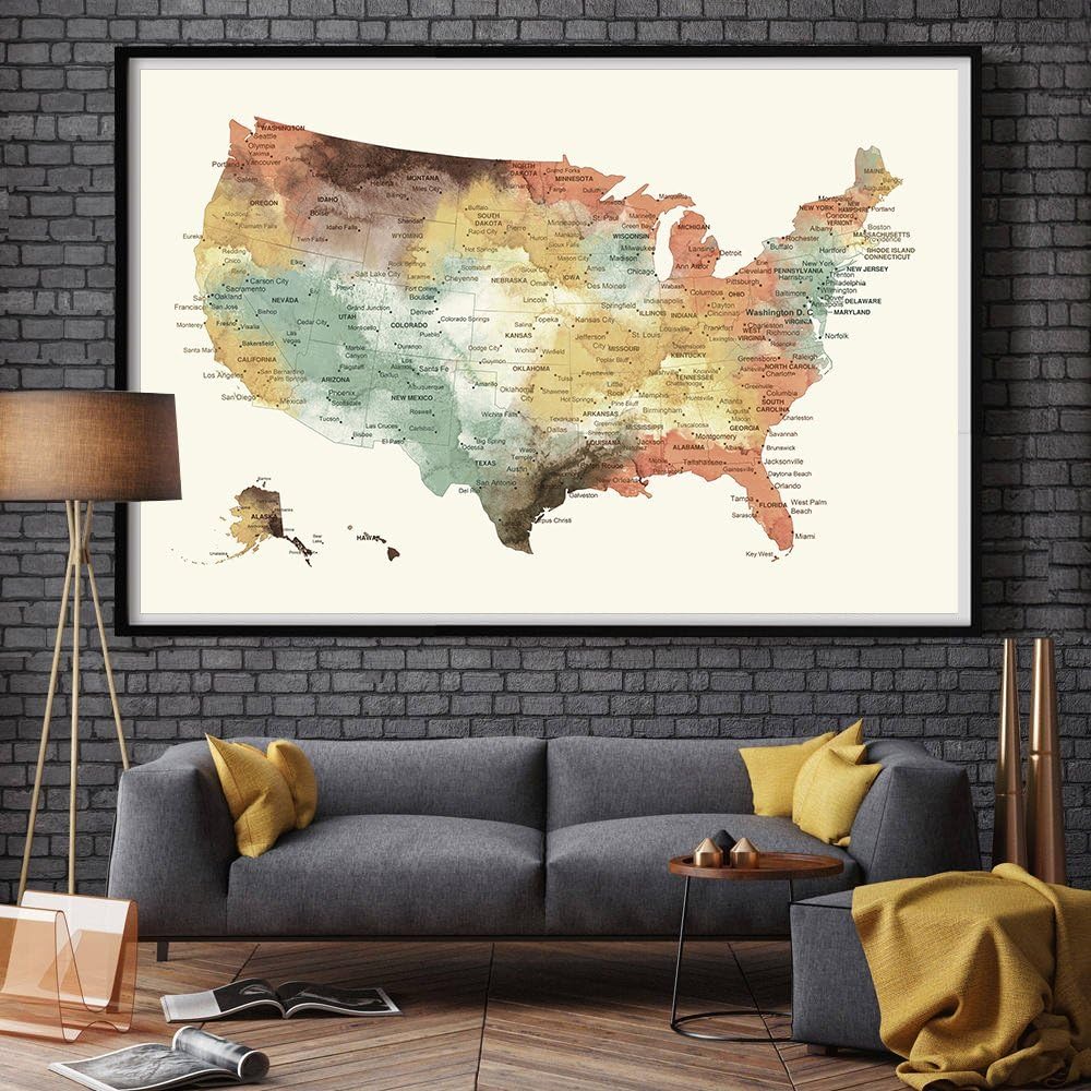 US Map Push Pin Wall Art Poster Print, USA states MAP large wall travel map, home decor, America Push Pin Map Poster (L134)