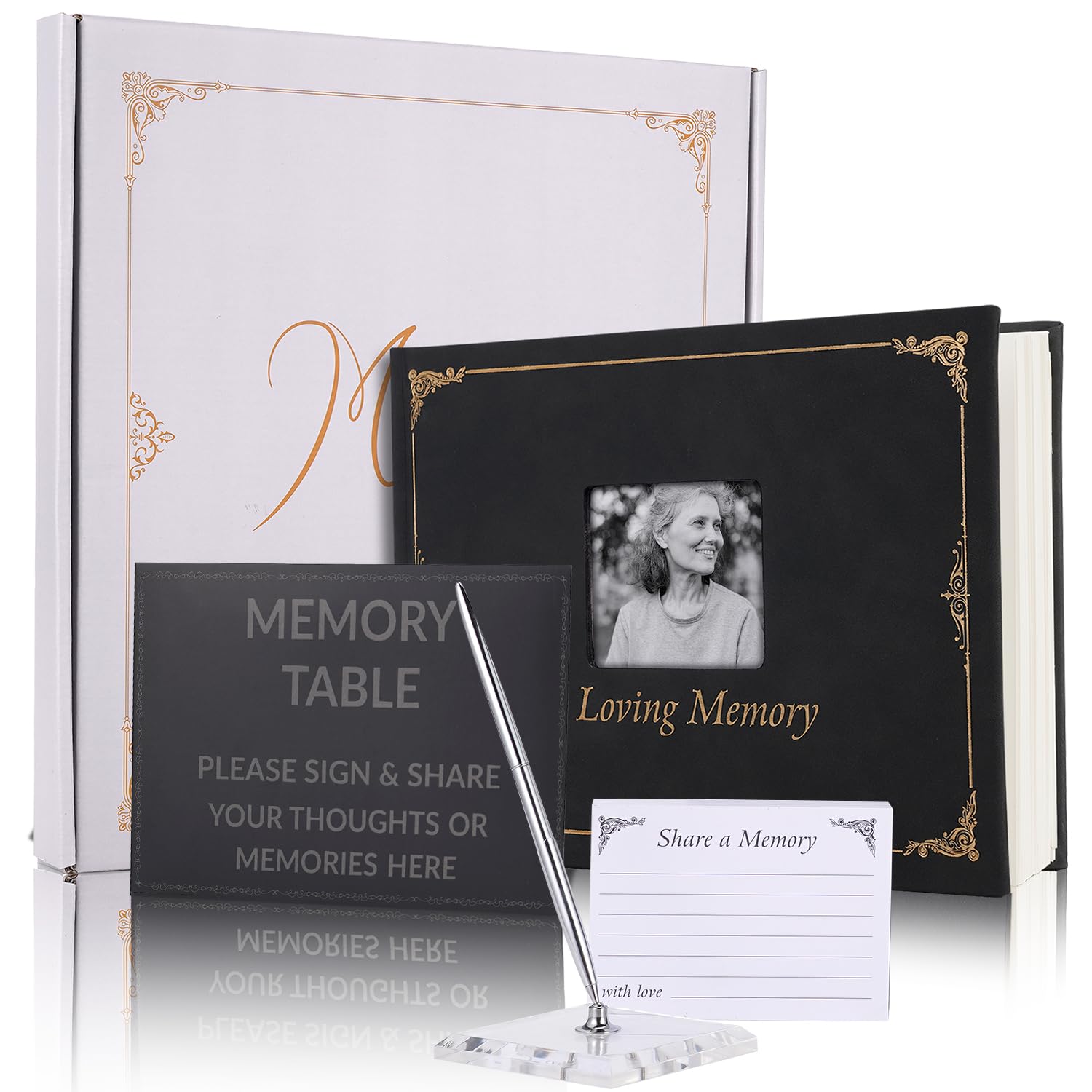 Funeral Memory Book, Leather Hardcover Funeral Guest Book with Gold Engraving, Memorial Guest Book, Book of Condolence with Memory Table Card Sign