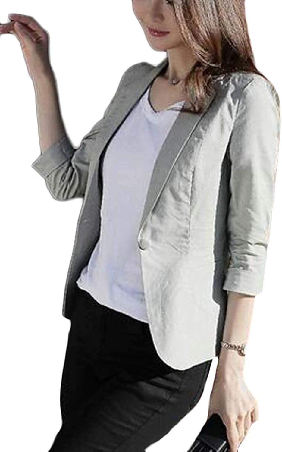 Women Summer Plain Cotton Linen 3/4 Sleeve Business Work OL Blazer