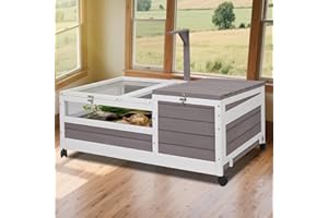 MAGAZOOPET Tortoise Habitat Tank Indoor Outdoor, Wooden Tortoise House with Wheels, 2-Room Reptile Turtle Enclosure Cage for Small Animals, Lamp Holder, Leakproof Tray, Grey
