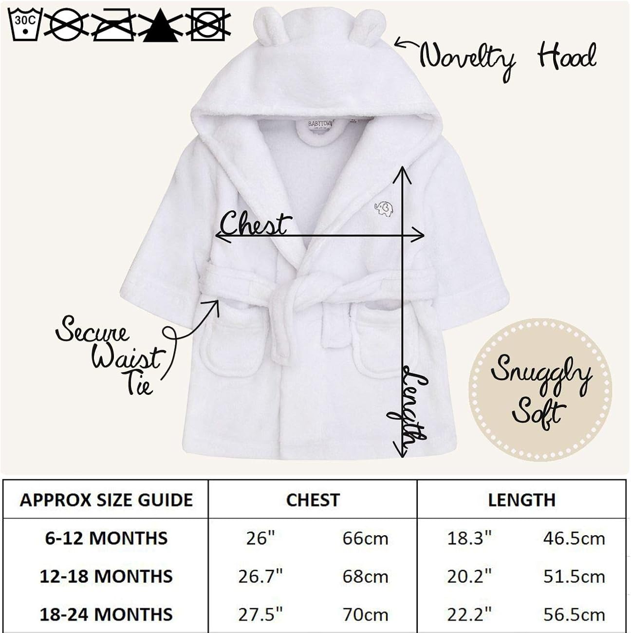 Baby Boys & Girls Unisex Dressing Gown (Ages 6-24 Months) Soft Plush Flannel Fleece Hooded Bath Robe (18-24 Months, White): Clothing