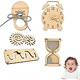 5 Pieces Busy Board DIY Parts - Sensory Board Parts -Wooden Activity -Maze-Learning Clock- Gear-Sand Clock-Learn to Tie Shoe 