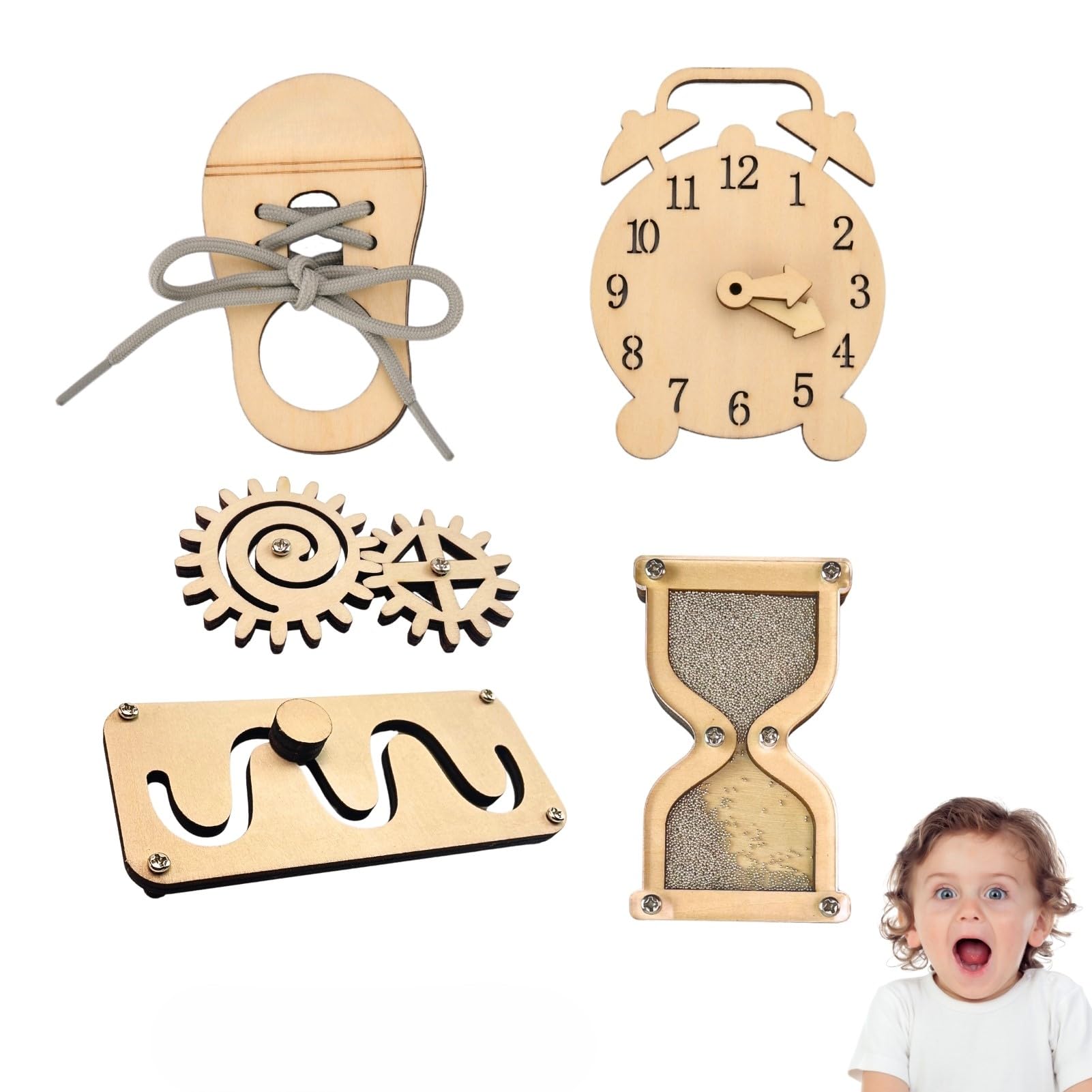5 Pieces Busy Board Diy Accessories For Toddlers - Sensory Board Parts -Wooden Activity Parts -Maze-Learning Clock- Gear-Sand Clock-Learn to Tie Shoe Laces Kids- Montessori Toys for 1 2 3 4 Year Baby