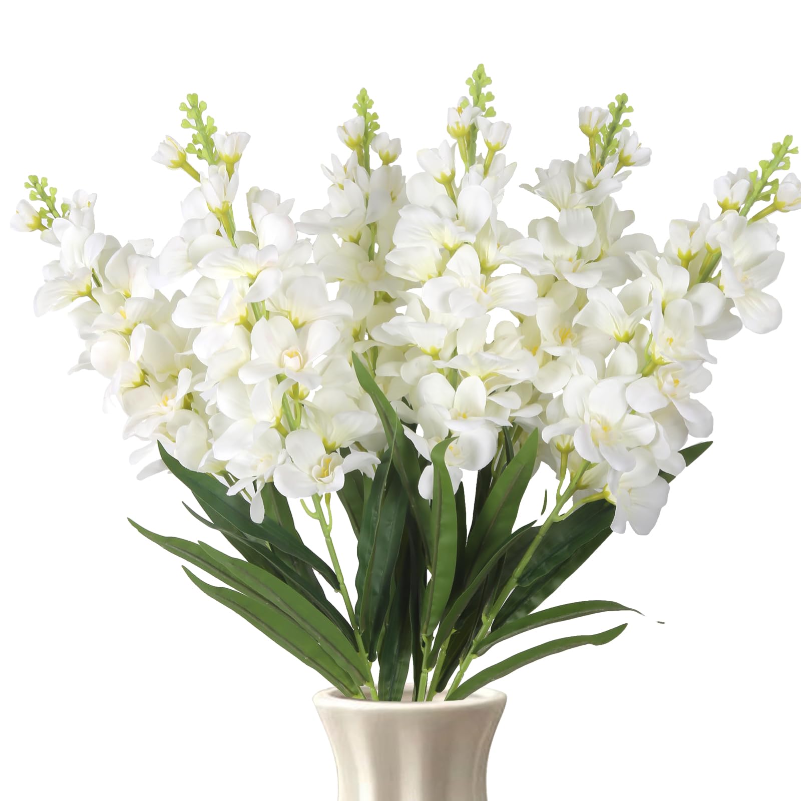Photo 1 of ICBOX Delphinium Artificial Flowers,6PCS Fake White Flowers 35.43'' Larkspur Artificial Flower Long Stem Flowers for Tall Vase Wedding Party Table Centerpieces Home Decor(White)
