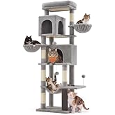 Feandrea Cat Tree, 69-in Large Cat Tower, Multi-Level Condo, Dove Gray | for Adult Cats Indoor, with 5 Scratching Posts, 2 Baskets, 2 Caves, Perch, Self-Groomer, Hammock, Toy Ball, Easy to Assemble