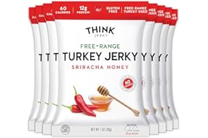 Think Jerky Sriracha Honey Turkey Jerky, Chef Crafted Free Range Turkey, Gluten Free, No Antibiotics or Nitrates, Healthy Chef Crafted Recipe, Low Calorie and Low Fat - 1.0 oz Bags, 8 Pack