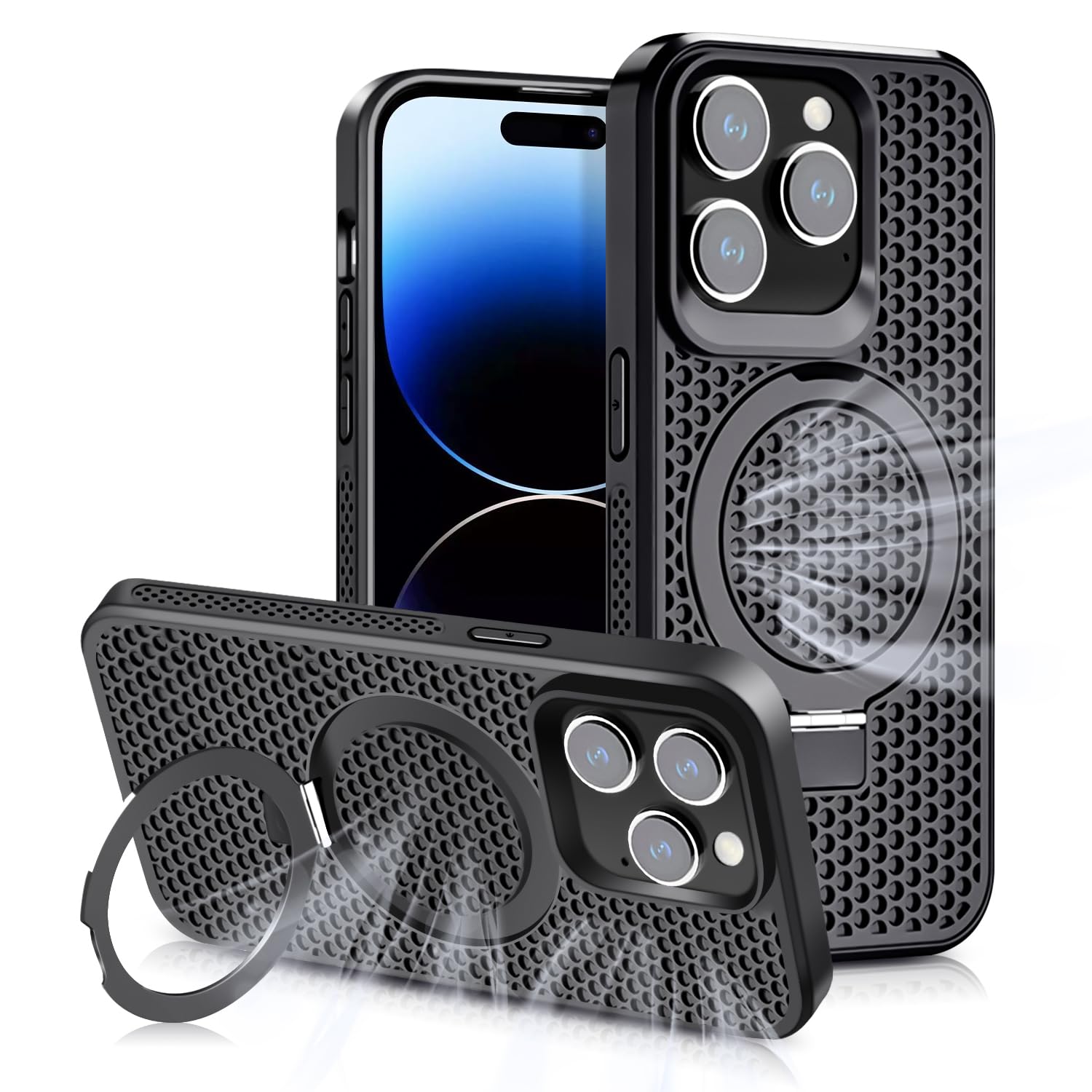 Photo 1 of Lokyoo for iPhone 14 Pro Max Case with [Magsafe Wireless Charging],[Heat Dissipation],[Magnetic Support],[Invisible Built in Stand & Ring Holder], Anti-Scratch Slim Case-Black