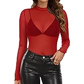 Elesomo Women Sheer Top Mesh Long Sleeve Shirts Mock Neck Fall Spring Blouses