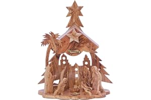 Zuluf Olive Wood Musical Nativity Set | Handcrafted Table Top Christmas Scene with Incense & Holy Land Certificate | Minimalist Religious Décor Gift, 8x6 Inches - NAT015