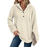 Lallabai Hoodies Sweatshirt for Women Waffle Long Sleeve Oversized Sweaters Drawstring Button V Neck Casual Pullover Tops