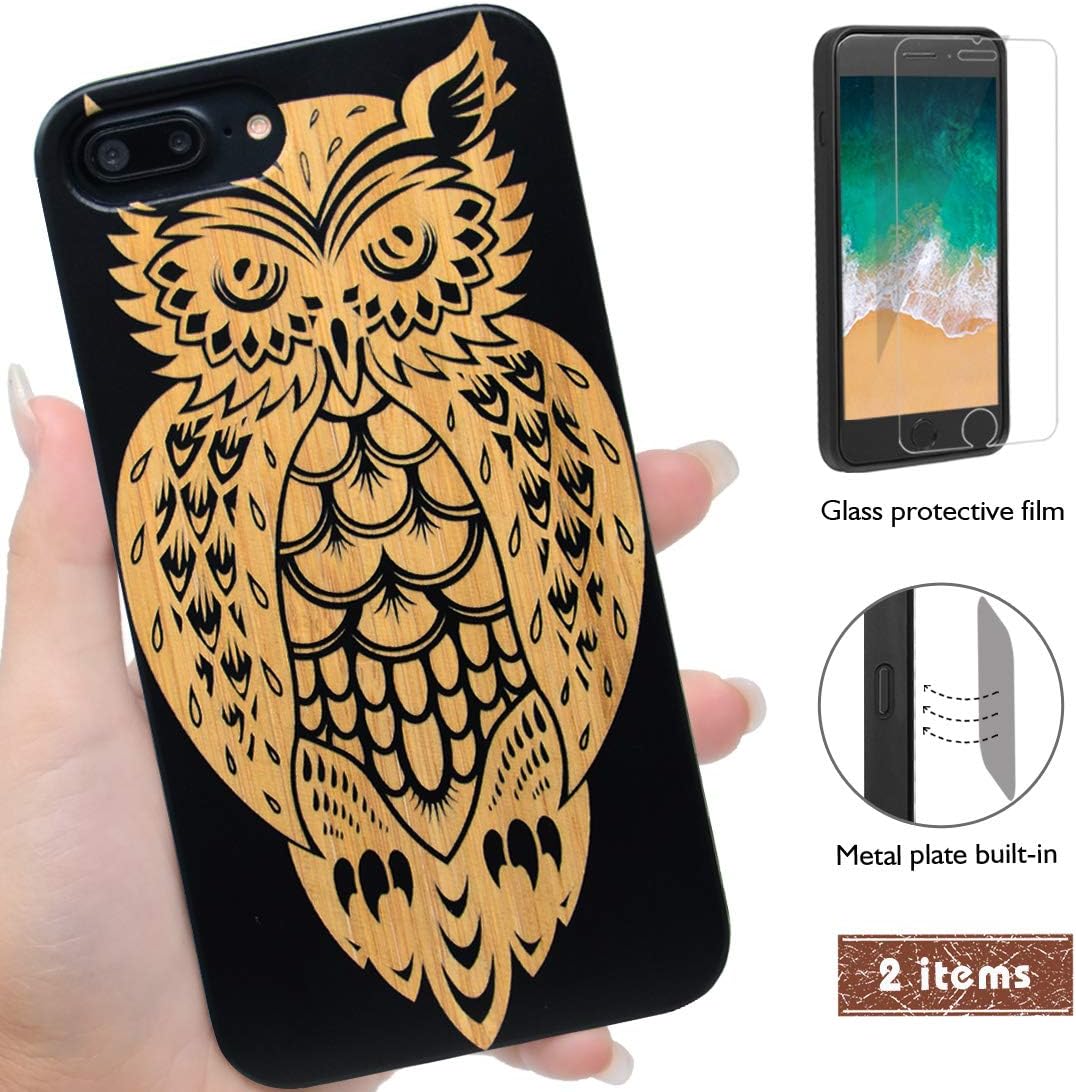 iProductsUS Wood Phone Case Compatible with iPhone 8, 7, 6/6S and Screen Protector, Black Bamboo Cases Engraving Owl, Built-in Metal Plate, TPU Rubber Protective Cover (4.7 inches)