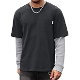 VOGSTART Mens Fake 2 Piece Cotton Shirts Casual Pocket Faux Layered Tshirt | Waffle Long Sleeve, Chest Pocket, Ribbed Crewneck, Soft Cotton Feel, Color Block, Street Wear, Weekend, Fall, S-2XL
