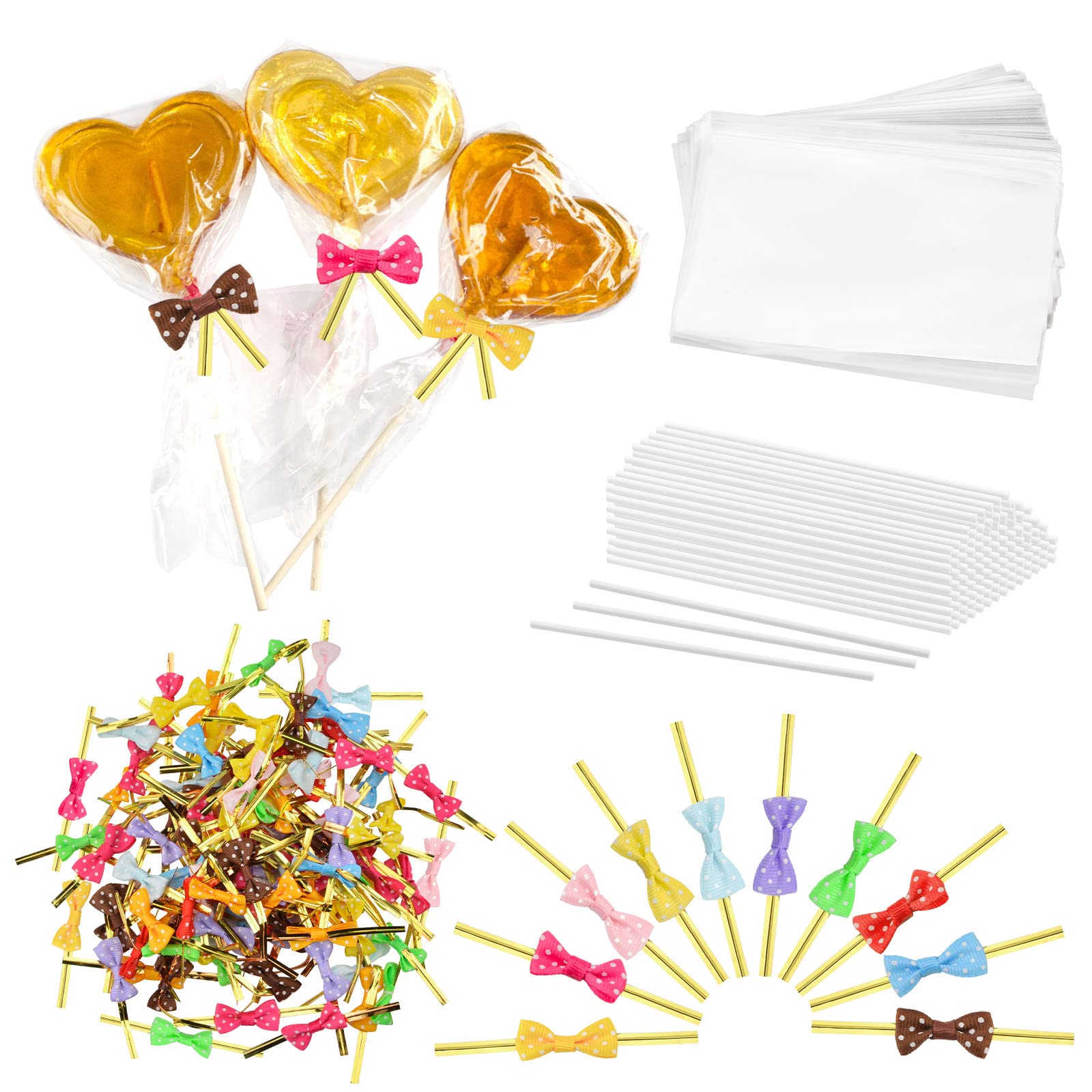WANDIC Lollipop Cake Pop Kits, 100 Pcs Papery Sticks & 100 Pcs Clear Candy Bags & 100 Pcs Twist Tie Bows Cake Pop Sticks and Wrappers for Making Lollipop Candy Chocolate Cookie Dessert