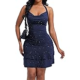 Women's Summer Halter Sleeveless Square Neck Backless Runched Ruffle Hem Mini Sexy Club Party Dress