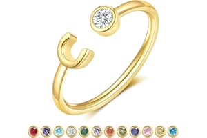 ZNBOH Gold Birthstone Initial Rings for Women Non Tarnish Dainty 14K Gold Plated Adjustable Letter Ring for Teen Girls Stackable Cute Thumb Pinky Fashion Unique Open Simple Birthday Gifts Jewelry