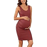 Ecavus Women's Maternity Ribbed Slim Fit Dress Sleeveless Tank Dresses Scoop Neck Pregnancy Bodycon Dress for Casual Wear