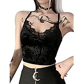 FEOYA Women Gothic Crop Tank Top Mesh Lace Trim Fitted Camisole Top Sleeveless Y2k Club Punk Rock Sexy Outfits