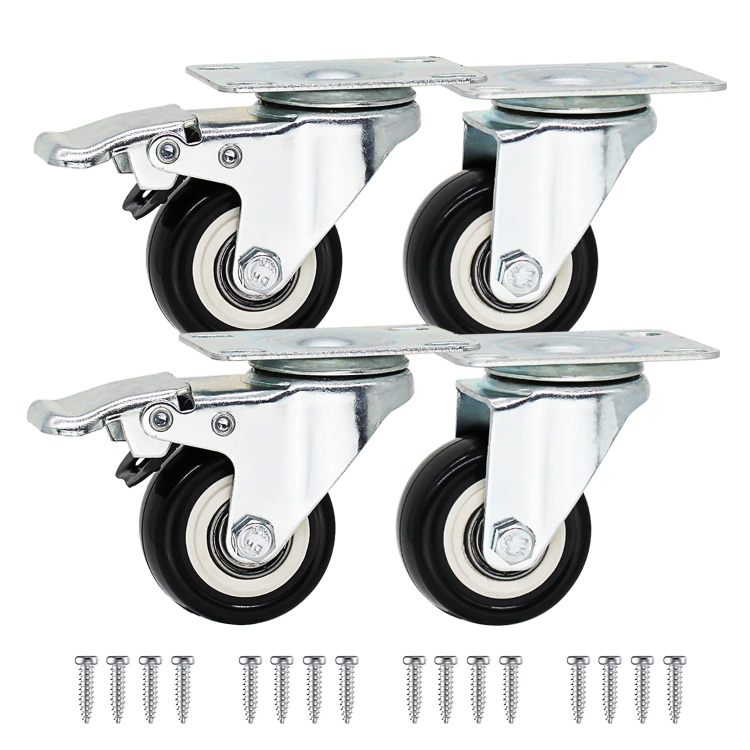 LMS Data 4 Pack 50mm Heavy Duty Castor Wheels – Swivel Trolley Castors with 2 Brakes, Screws Included – Black PU Furniture Wheels, 200kg Load Capacity (Nickle Castor-2 Brakes)
