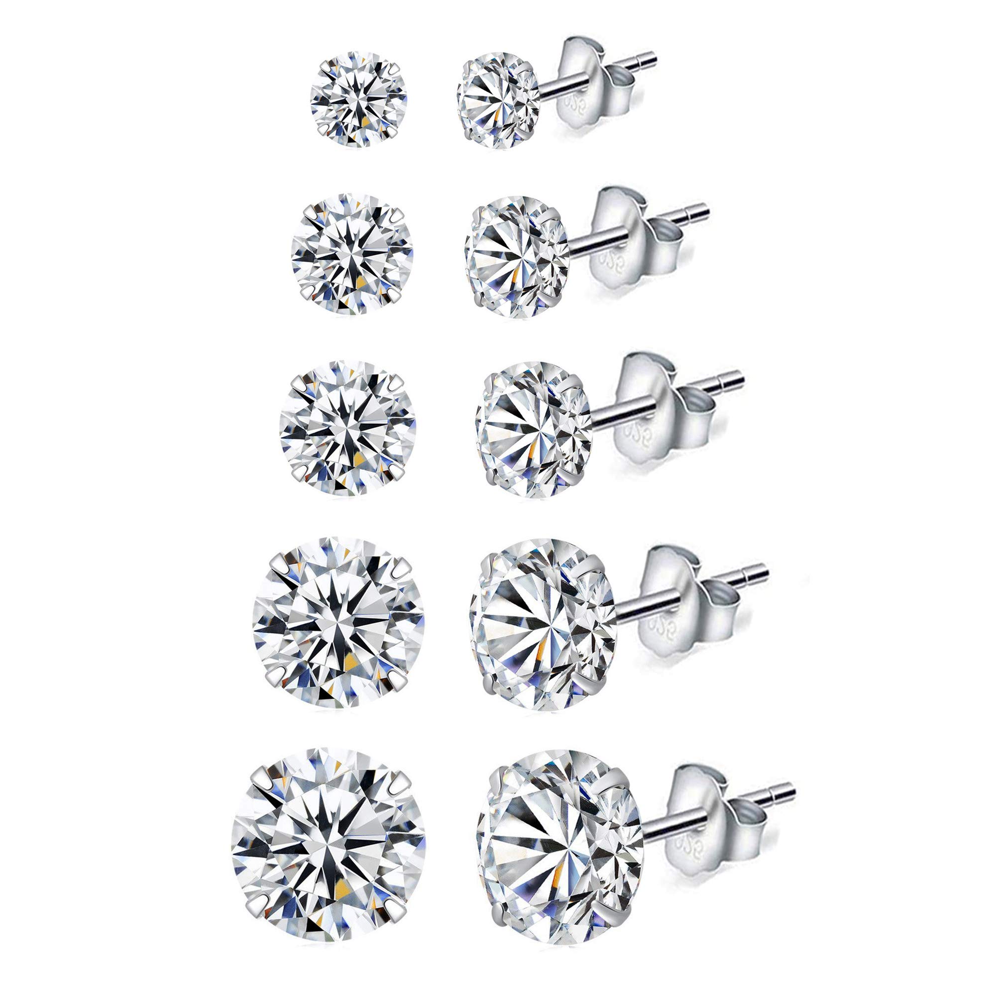 HAISWET 5 Pcs Silver Stud Earrings Set 925 Sterling Silver Clear 3,4,5,6,7MM Cubic Zirconia Sleeper Cartilage Stud