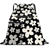 AYBELWG Drawstring Backpack Sports Gym Bag, Large String Swim Bag for Beach With Water Bottle Mesh Pocket, Cute Gym Sack with Zipper Pocket for Men Women Cute Black Floral