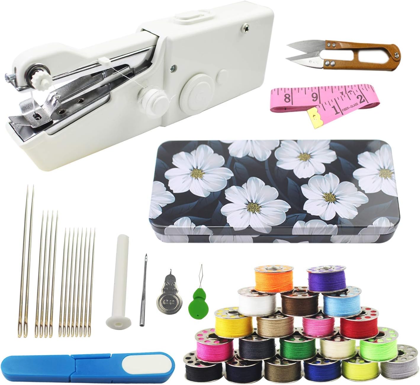 Luckkyme Handheld Sewing Machine and Sewing Thread Kit, Mini Portable Sewing Machine, 20 Pcs Sewing Threads, 16 Pcs Sewing Needles, Scissors and Measuring Tape