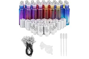 Foraineam 24 Pack 10ml Gradient Color Glass Essential Oil Bottles with Stainless Steel Roller Ball and Silver Hanging Lid