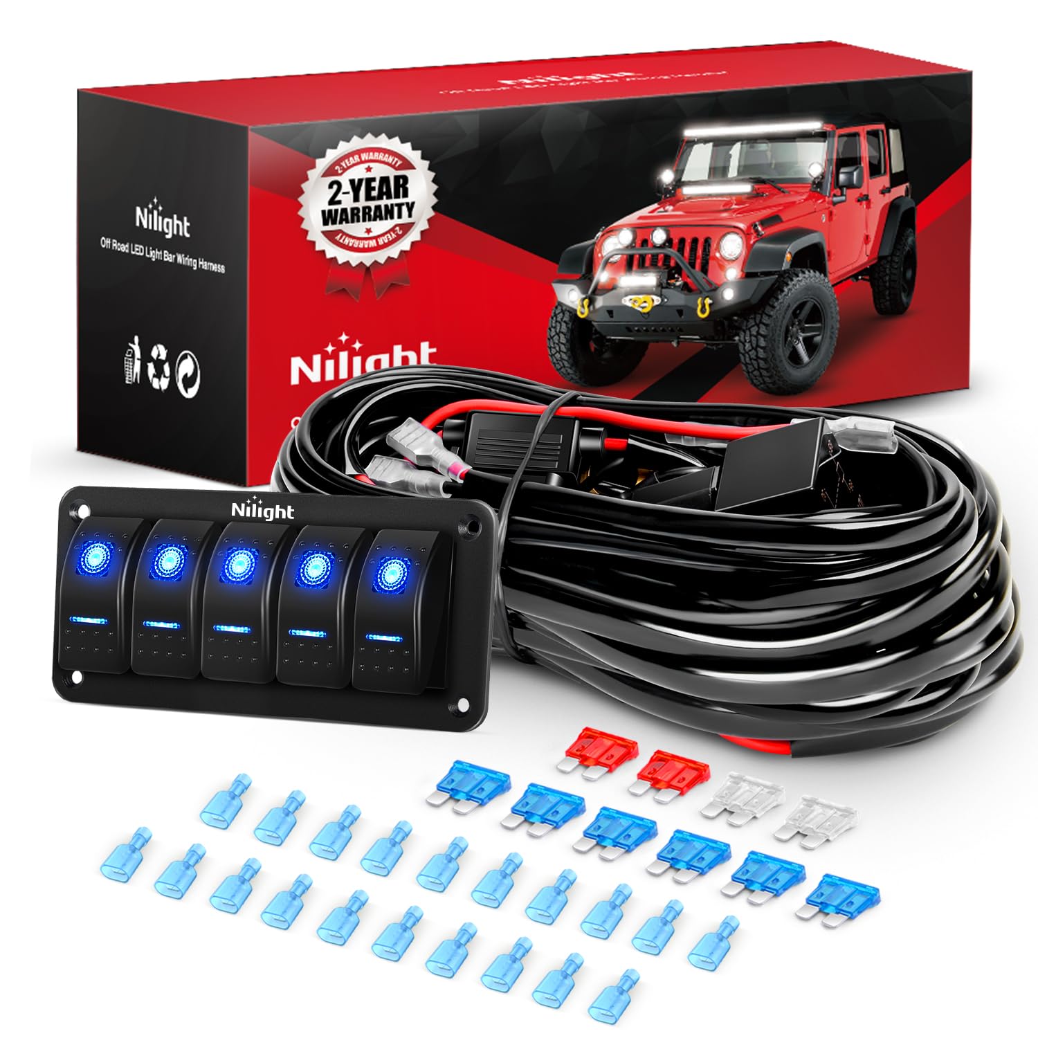 Nilight 16AWG 14AWG 12AWG LED Light Bar Wiring Harness Kit 12V On/Off 5 Gang Rocker Switch Panel Power Relay Blade Fuse 5Pin Toggle Switches for Cars Boat ATV Trucks-10 Leads Image