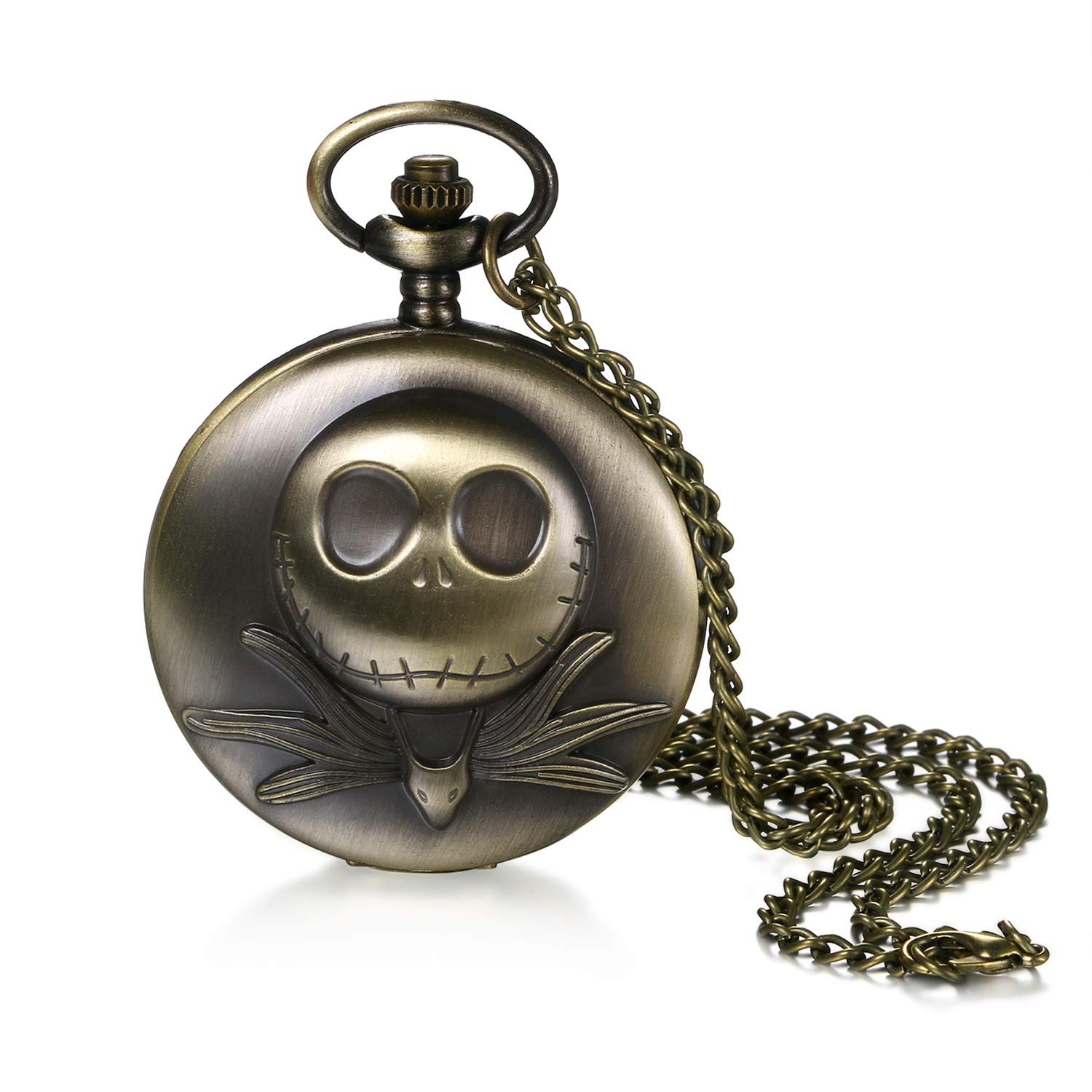 Avaner Retro Bronze Pocket Watch Vintage Punk Skull Necklace Watch The Nightmare Before Christmas Quartz Watch with 15 inches Chain for Halloween Costume